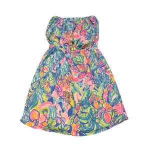 Lilly Pulitzer Strapless Smocked Mini Dress Tropical Floral XS Vacation Resort